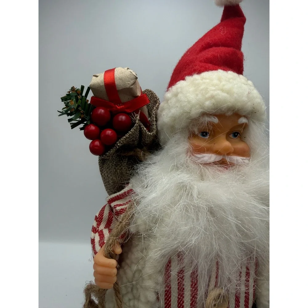 Vintage Style Standing Santa Claus Figurine Red White Striped Shirt Wreath